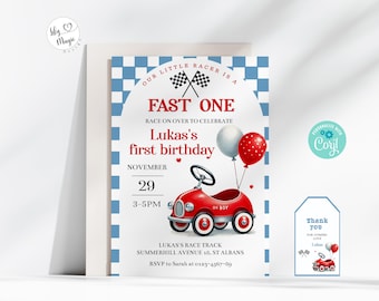 Editable Fast ONE Birthday Invitation, Race Car 1st Birthday Party, Baby Red Vintage Racing First B'day Invite Template, Digital Download