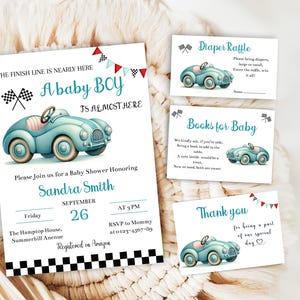 Blaue Rennauto-Babyparty-Einladungsvorlage, sofortiger Download Vintage-Rennen über Babyparty für Jungen, Vintage-Rennauto druckbare Vorlage