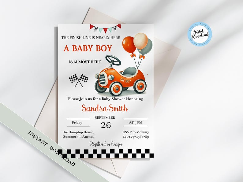 Editable Racing Car Baby Shower Invitation | Oh Boy Vintage Race Car ...
