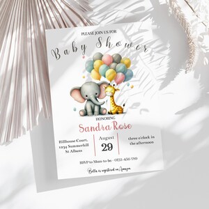 Bearbeitbare Elefant-Babypartyeinladung, buntes Ballon-Baby einladen, Mädchen-Jungen-Elefant-Einladungs-Safari druckbare Vorlage, 314