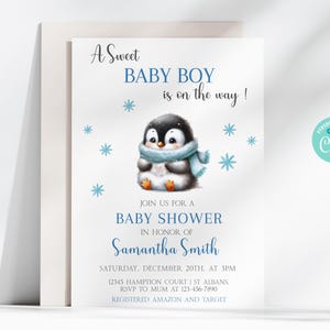 EDITABLE Penguin Baby Shower Invitation, Penguin, Blue, Snow, Winter, Shower, Sprinkle, Baby Boy, Digital, 218