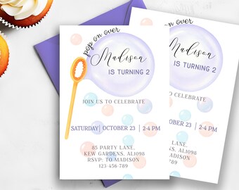 Bubble Birthday Invitation, Second Birthday Invite Bubbles, Pastel 2 Year Old Girl Birthday Invite, Girls Birthday Invitation FREE TAG