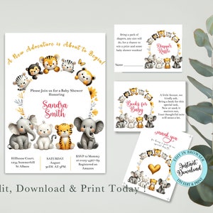 Safari Animal Baby Shower Invitation Greenery. Wild one invite, Jungle baby shower Invitation. Zoo Animal Baby Shower Invitation, 312