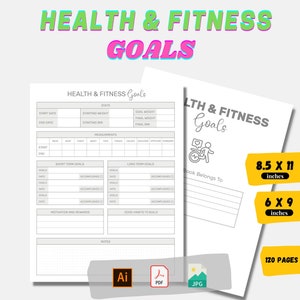 May include: A printable health and fitness goals journal with a gray and white design. The journal is 8.5 inches by 11 inches and has 120 pages. It includes sections for tracking stats, measurements, short-term goals, long-term goals, motivation and rewards, good habits to build, and notes.
