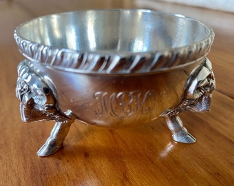 Vintage master salt cellar, Gorham sterling silver, rams' heads and hoof feet, vintage (ca. 1927), monogrammed, hallmarked, trinket dish