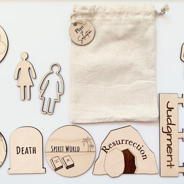 Plan of Salvation Kit - Engraved wood pieces in a 5x8 carry bag - Missionary gift, family or primary class teaching tool