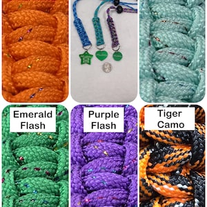 May include: A selection of braided rope in various colors, including orange, mint, emerald, purple, and tiger camo. The image also shows ID tags with the text "Mickey" and the phrase "Check our other listings for ID Tags".
