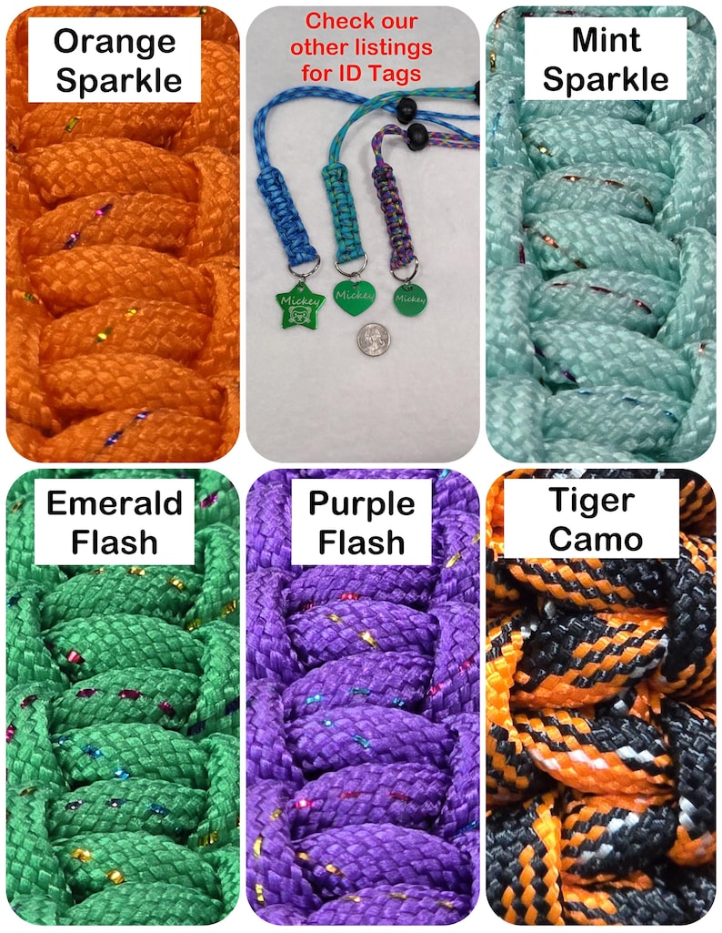 May include: A selection of braided rope in various colors, including orange, mint, emerald, purple, and tiger camo. The image also shows ID tags with the text "Mickey" and the phrase "Check our other listings for ID Tags".