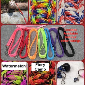 May include: A variety of pet leashes and optional charms are displayed. Braided leashes in "Groovy", "Bomb Pop", "Watermelon", and "Fiery Camo" patterns are shown. Solid color leashes in pink, red, orange, green, blue, and purple are also available. Charms include a paw print and a heart.