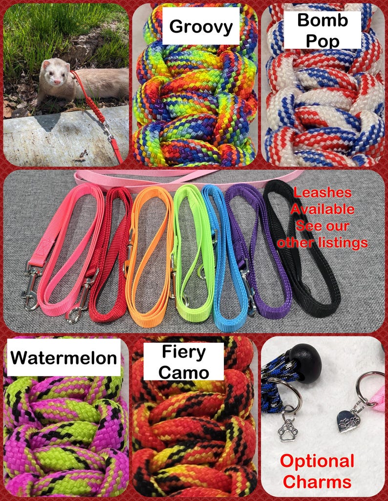 May include: A variety of pet leashes and optional charms are displayed. Braided leashes in "Groovy", "Bomb Pop", "Watermelon", and "Fiery Camo" patterns are shown. Solid color leashes in pink, red, orange, green, blue, and purple are also available. Charms include a paw print and a heart.