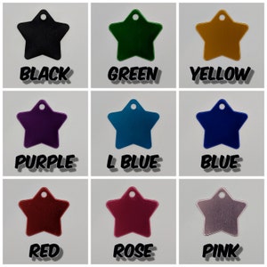 May include: Nine star-shaped metal tags in different colors: black, green, yellow, purple, light blue, blue, red, rose, and pink. Each tag has a small hole at the top for attaching a string or chain.