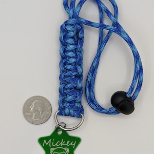 May include: Blue and green paracord dog leash with a star-shaped green metal tag that says "Mickey" with a ferret illustration.