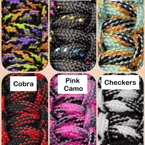 May include: Close-up of six braided cord samples with different color patterns. The samples are labeled "Hyper," "Mystical," "Electric Sorbet," "Cobra," "Pink Camo," and "Checkers." The "Hyper" sample features purple, orange, and green. The "Mystical" sample is dark gray with sparkles.