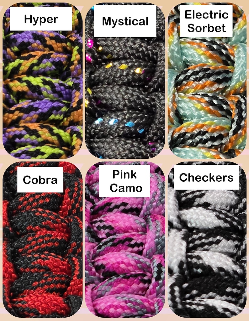 May include: Close-up of six braided cord samples with different color patterns. The samples are labeled "Hyper," "Mystical," "Electric Sorbet," "Cobra," "Pink Camo," and "Checkers." The "Hyper" sample features purple, orange, and green. The "Mystical" sample is dark gray with sparkles.