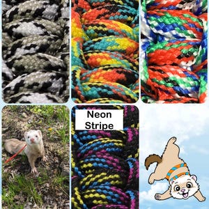 May include: Close-up of various colorful braided ropes. The ropes are labeled "Titanium", "Jamaican", "Multicolor", and "Neon Stripe". A ferret is also shown in the image, along with a cartoon ferret.