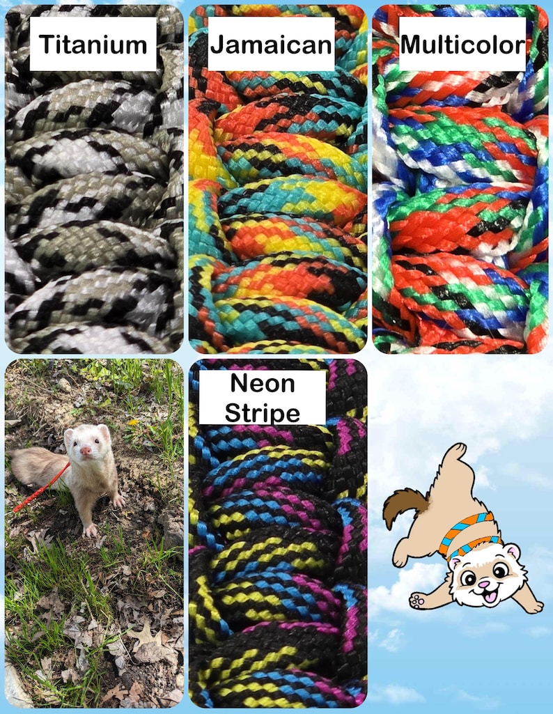 May include: Close-up of various colorful braided ropes. The ropes are labeled "Titanium", "Jamaican", "Multicolor", and "Neon Stripe". A ferret is also shown in the image, along with a cartoon ferret.