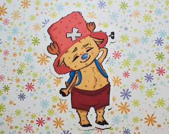 May include: A cartoon illustration of a character with a red hat, brown fur, and blue eyes. The character is wearing a red and white shirt and blue shorts. The character is smiling and has a happy expression.