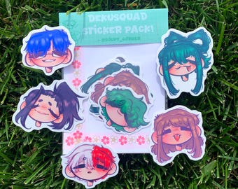 Könnte beinhalten: Ein Sticker-Paket mit sechs Köpfen von Comicfiguren. Die Figuren sind im Chibi-Stil gezeichnet und haben verschiedene Haarfarben und Gesichtsausdrücke. Das Sticker-Paket ist mit "DEKUSQUAD STICKER PACK! - @BOOPY_CORNER" beschriftet.