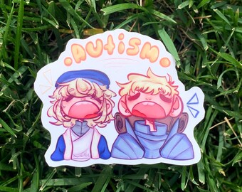 May include: A sticker with two cartoon characters with their mouths open, one with blonde hair and a blue hat, the other with blonde hair. The sticker has the word "autism" written in yellow letters.