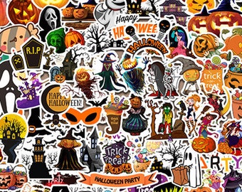 Paquete de pegatinas impermeables de Halloween: calabazas, calaveras y brujas (10 pegatinas)