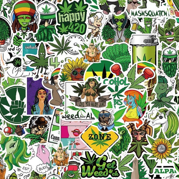 Willekeurig wietstickerpakket! Marihuanastickers, henneplogo's, grappige karakters, Mary Jane 420 stickers, waterdichte laptopstickers [10 stickers]