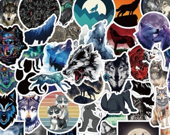 Pack d'autocollants loups aléatoires ! Portraits de loups, chiens de dessins animés, chiens, loups mignons, stickers imperméables pour ordinateur portable [10 stickers]