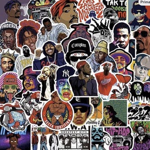 May include: A collection of vinyl stickers featuring various hip-hop artists, rappers, and musical icons in diverse artistic styles, including portraits, caricatures, and graphic designs with bold colours, text, and imagery related to urban music culture.