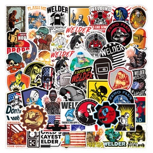 May include: A set of 50 colorful vinyl stickers featuring welding-themed designs. The stickers feature various images, including welders, welding equipment, and slogans related to welding. Some of the slogans include "Born to Weld", "Zero Flux", "A Super Hot Welder", and "World's Kayest Welder".