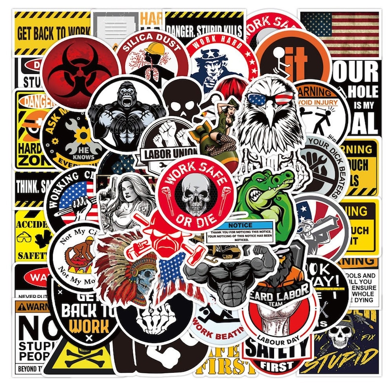 May include: A collection of colorful stickers featuring various designs, including skulls, animals, and work-related phrases. The stickers are perfect for adding a touch of personality to laptops, water bottles, or other surfaces.