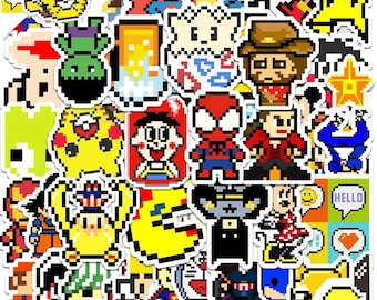 Paquete de pegatinas de 8 bits: Calcomanías de píxeles de juegos retro y superhéroes (10 unidades)
