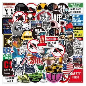 May include: A collection of colorful stickers featuring various designs, including skulls, eagles, American flags, and safety warnings. The stickers are perfect for decorating laptops, water bottles, or other surfaces.