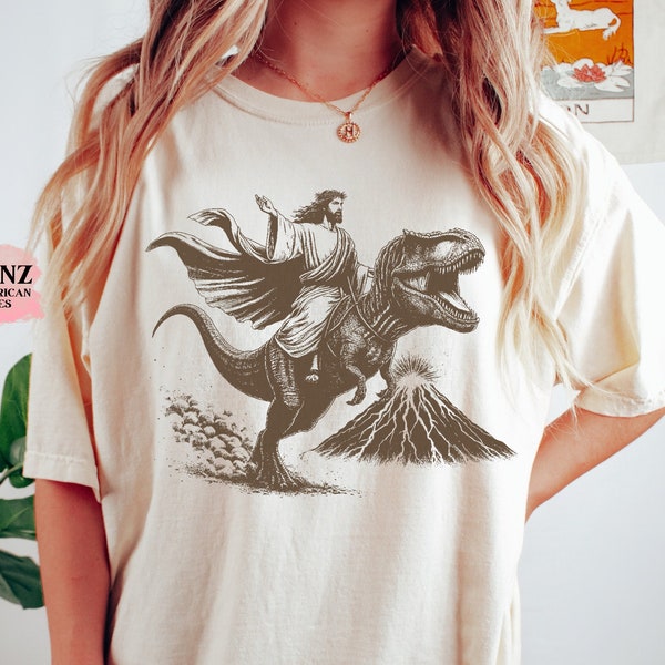 Vintage Jesus Riding Dinosaur 90s Tshirt, Retro Jesus Shirt, He Is Rizzen Shirt, Funny Unisex Relaxed Adult Graphic Tee, Christian Shirts