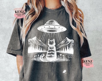 Cat Ufo Funny Graphic T Shirt, Retro 90s Alien Shirt, Cool Vintage Style Cat Shirt, Relaxed Cotton Shirt, Cat Meme T Shirt, Cat Gifts Cute