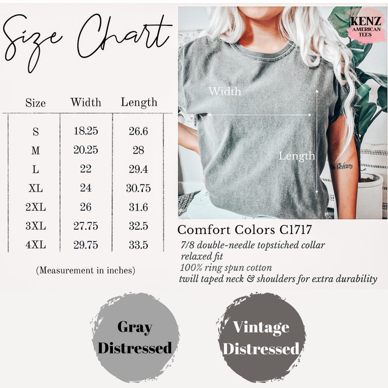 K&ouml;nnte beinhalten: Gr&ouml;&szlig;entabelle f&uuml;r ein T-Shirt mit Ma&szlig;en in Zoll. Die Tabelle zeigt die Breite und L&auml;nge des T-Shirts in den Gr&ouml;&szlig;en S bis 4XL. Das T-Shirt wird als "Comfort Colors C1717" mit einem 7/8-Doppelnaht-Stehkragen, lockerer Passform, 100% Ringspinn-Baumwolle und einem Stehkragen und Schultern aus K&ouml;per f&uuml;r zus&auml;tzliche Strapazierf&auml;higkeit beschrieben. Das T-Shirt ist in zwei Farben erh&auml;ltlich: Grau Used Look und Vintage Used Look.