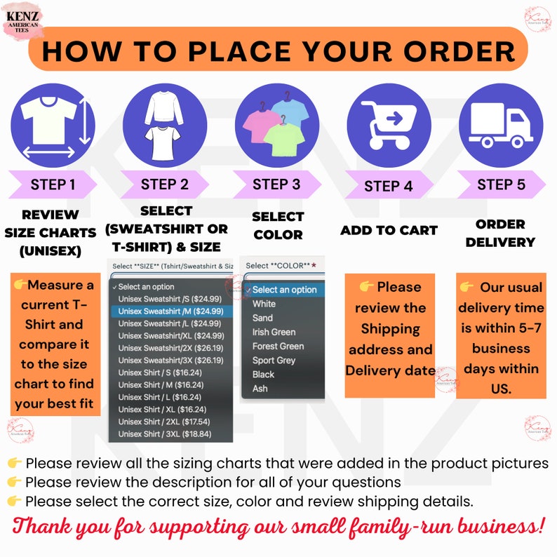 May include: A guide on how to place an order for a unisex t-shirt or sweatshirt. The guide includes steps for reviewing size charts, selecting a size and color, adding the item to the cart, and ordering. The guide also includes a table of sizes and prices for both t-shirts and sweatshirts.