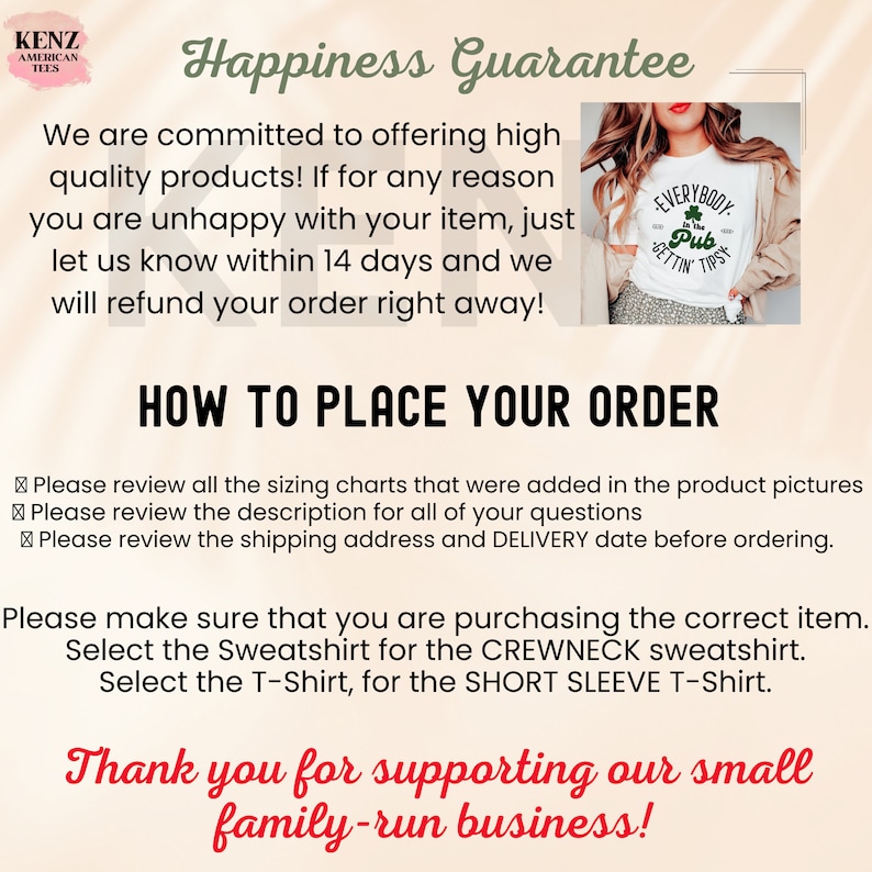 Puede incluir: Un gr&aacute;fico rosa y blanco con el texto "Happiness Guarantee" y "How to Place Your Order". El texto explica que el vendedor se compromete a ofrecer productos de alta calidad y proporciona instrucciones para realizar un pedido. El gr&aacute;fico tambi&eacute;n incluye una foto de una mujer que lleva una camiseta blanca con el texto "Everybody Gettin Pub Tips" impreso en ella.