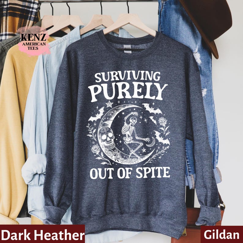 Surviving Purely out of Spite Comfort Colors Shirt, Funny Goth Celestial Skeleton and Bats Shirt, Bat Lover Gothic Boho Garment Dyed T-Shirt