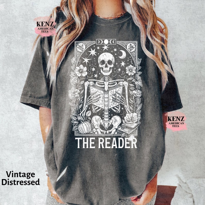 Comfort Colors The Reader Tarot Card Shirt, Skeleton Reading Shirt, Unisex Tarot Card Shirt, Book Lover Gift, Bookish Gift,Tarot Lover Gift old Vintage School Retro Cult