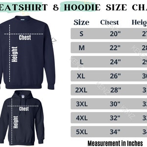 Puede incluir: Tabla de tallas para sudaderas y sudaderas con capucha, que muestra las medidas en pulgadas para el pecho y la altura. Las tallas van de la S a la 5XL.