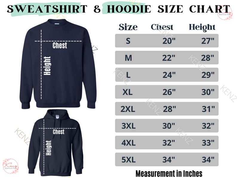 Puede incluir: Tabla de tallas para sudaderas y sudaderas con capucha, que muestra las medidas en pulgadas para el pecho y la altura. Las tallas van de la S a la 5XL.