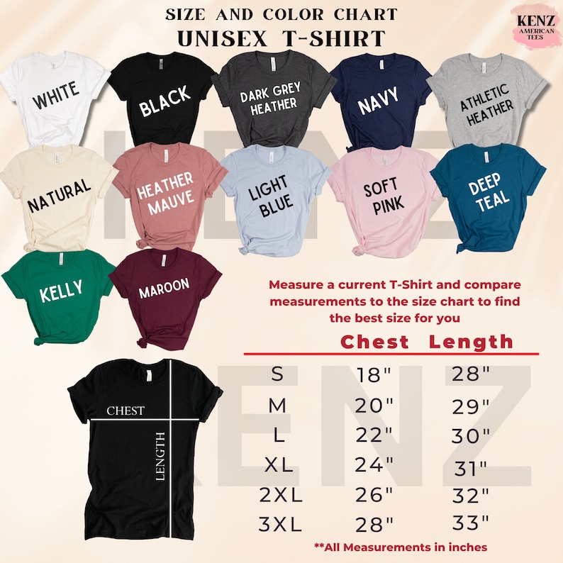 Puede incluir: Tabla de tallas para camisetas unisex de diferentes colores y tallas. La tabla muestra las medidas de pecho y largo en pulgadas. Los colores incluyen blanco, negro, gris oscuro jaspeado, azul marino, jaspeado atl&eacute;tico, natural, malva jaspeado, azul claro, rosa suave, azul teal oscuro, verde kelly y marr&oacute;n.