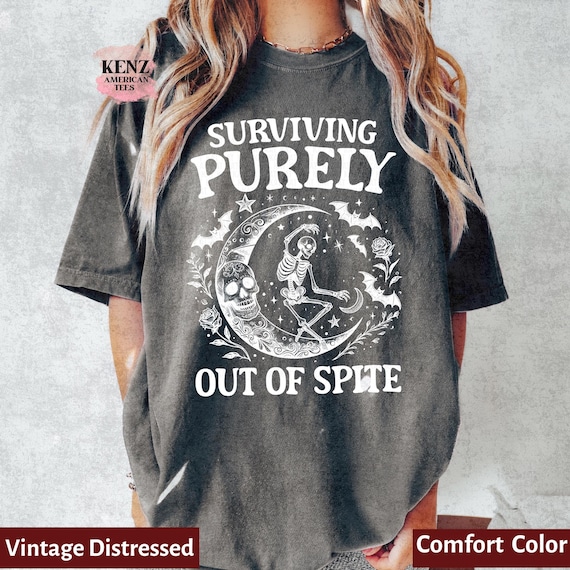 Surviving Purely out of Spite Comfort Colors Shirt, Funny Goth Celestial Skeleton and Bats Shirt, Bat Lover Gothic Boho Garment Dyed T-Shirt