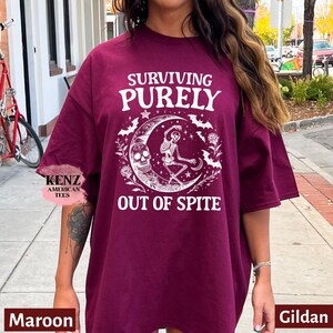 Surviving Purely out of Spite Comfort Colors Shirt, Funny Goth Celestial Skeleton and Bats Shirt, Bat Lover Gothic Boho Garment Dyed T-Shirt