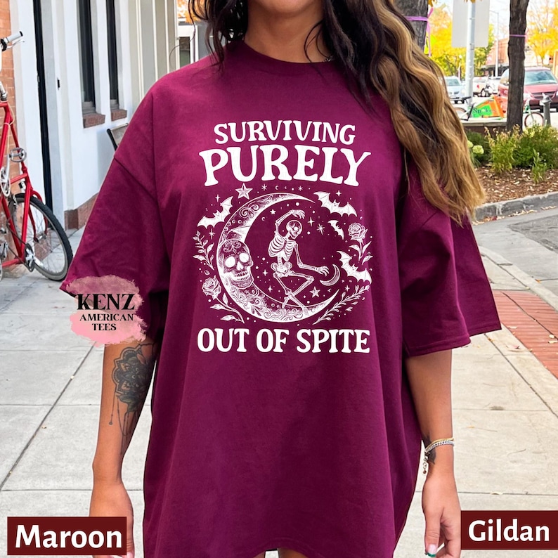 Surviving Purely out of Spite Comfort Colors Shirt, Funny Goth Celestial Skeleton and Bats Shirt, Bat Lover Gothic Boho Garment Dyed T-Shirt