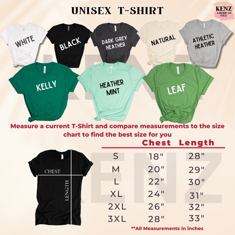 May include: Unisex t-shirt size chart with measurements in inches for chest and length. The chart shows sizes S through 3XL with corresponding measurements for chest and length. The chart is displayed on a black t-shirt with the words "Chest" and "Length" printed on it.