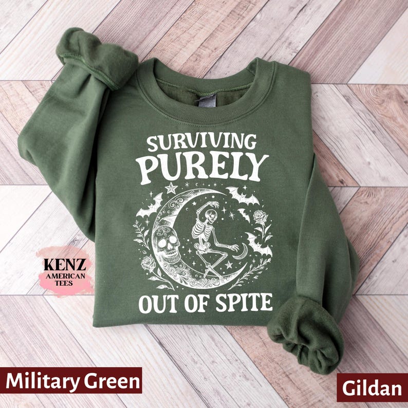 Surviving Purely out of Spite Comfort Colors Shirt, Funny Goth Celestial Skeleton and Bats Shirt, Bat Lover Gothic Boho Garment Dyed T-Shirt