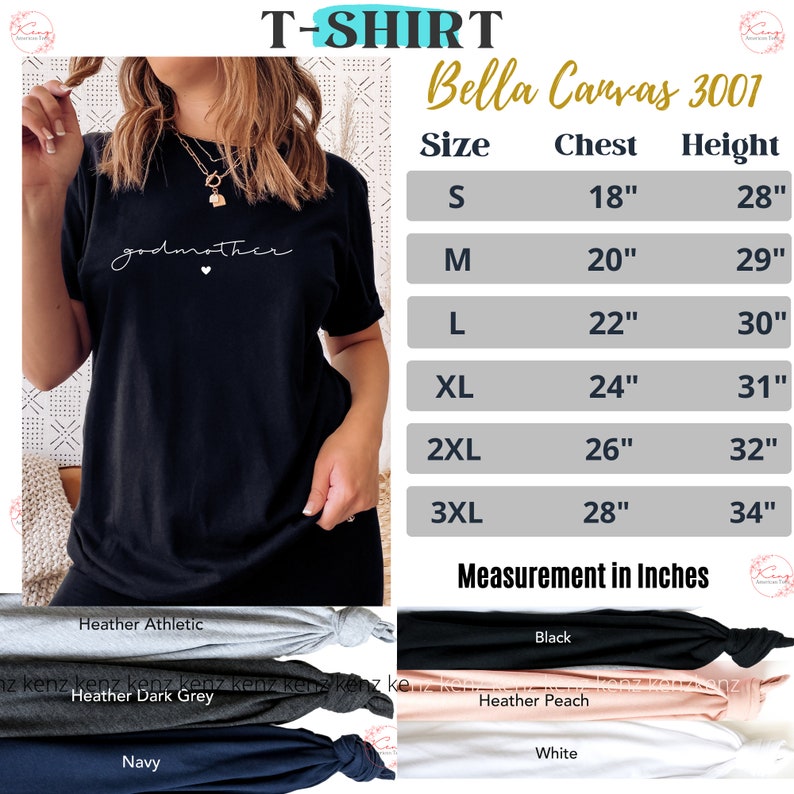 Puede incluir: Camiseta negra Bella Canvas 3001 con el texto "godmother" en blanco con un peque&ntilde;o coraz&oacute;n. Tabla de tallas con medidas de pecho y altura en pulgadas.