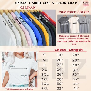 May include: Unisex Gildan T-shirt size and colour chart with a variety of colours including white, ash grey, sand, light pink, light blue, royal, navy, gold, dark heather, black, forest green, maroon, and red. The chart also includes a size guide with chest and length measurements in inches for sizes S, M, L, XL, 2XL, 3XL, 4XL, and 5XL.