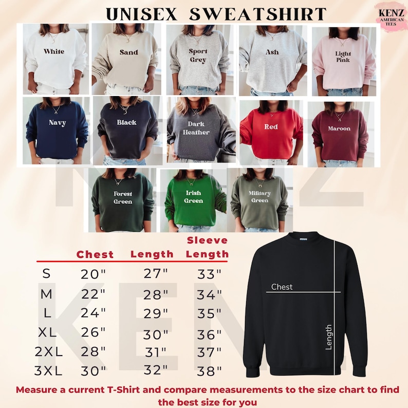 May include: Unisex sweatshirt size chart with measurements in inches for chest, length, and sleeve length. The chart shows sizes from S to 3XL. The image also shows a variety of sweatshirt colours.
