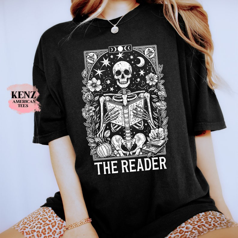 Comfort Colors The Reader Tarot Card Shirt, Skeleton Reading Shirt, Unisex Tarot Card Shirt, Book Lover Gift, Bookish Gift,Tarot Lover Gift old Vintage School Retro Cult